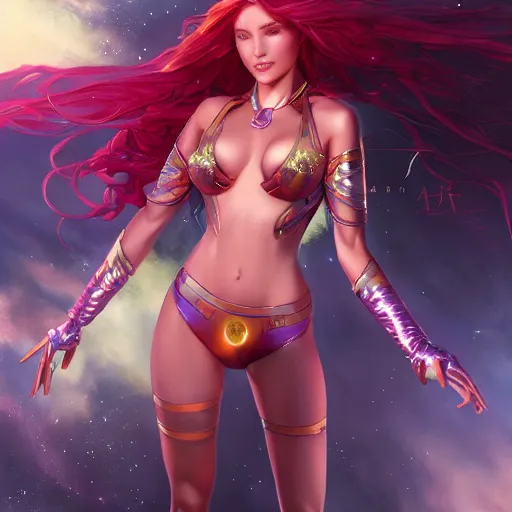 Image similar to ultra realistic illustration, bella thorne as starfire anime, intricate, elegant, highly detailed, digital painting, artstation, concept art, smooth, sharp focus, illustration, art by artgerm and greg rutkowski and alphonse mucha and wlop