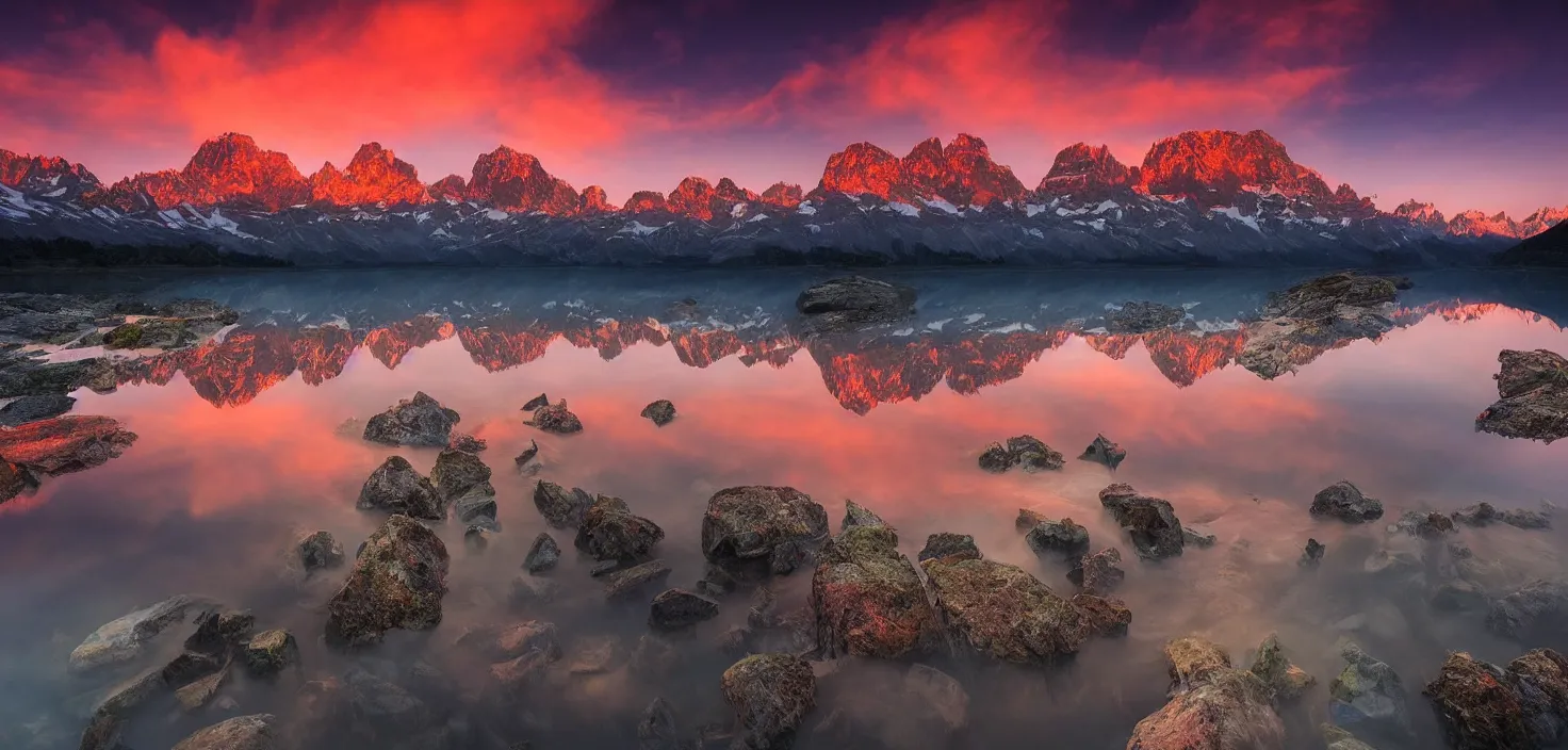 Image similar to amazing landscape photo of mountains with lake in sunset by marc adamus, beautiful dramatic lighting