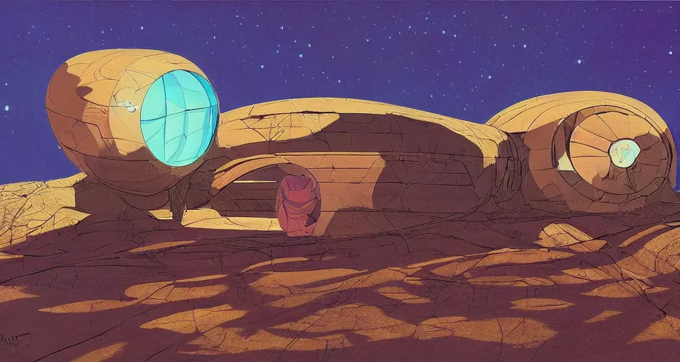 Image similar to a giant tardigrades house in the middle of nowhere, by syd mead, moebius, j. h. williams iii, triadic color scheme