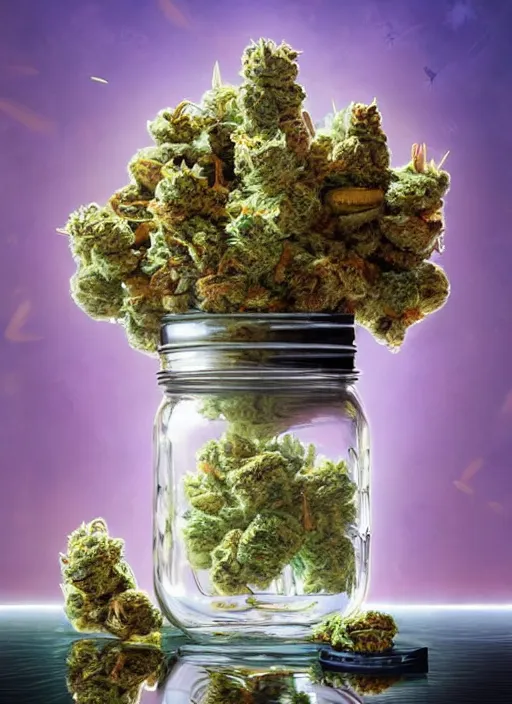 Prompt: detailed surreal digital painting of a mason jar full of cannabis buds, mushrooms and pills by artstation, fanart behance hd by jesper ejsing, by rhads, makoto shinkai and lois van baarle, ilya kuvshinov, rossdraws, purple haze, global illumination, blacklight, detailed and intricate environment