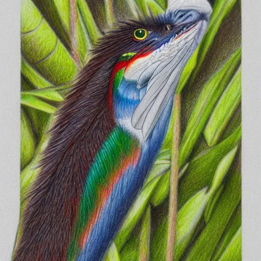 Image similar to a realistic coloured pencil drawing of a quetzal, realistic graphite, highly detailed, artstation, fine art, white background