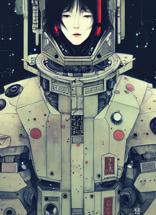 Prompt: a beautiful ukiyo painting of cyberpunk battle space mech pilot, wearing space techwear, detailed close up portrait, intricate complexity, concept art, by takato yamamoto, wlop, krenz cushart. cinematic dramatic atmosphere, sharp focus