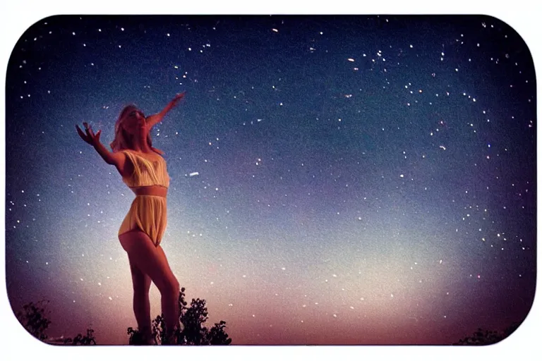 Prompt: blured dancing girl on night vision, focused background night sky with stars, polaroid photo