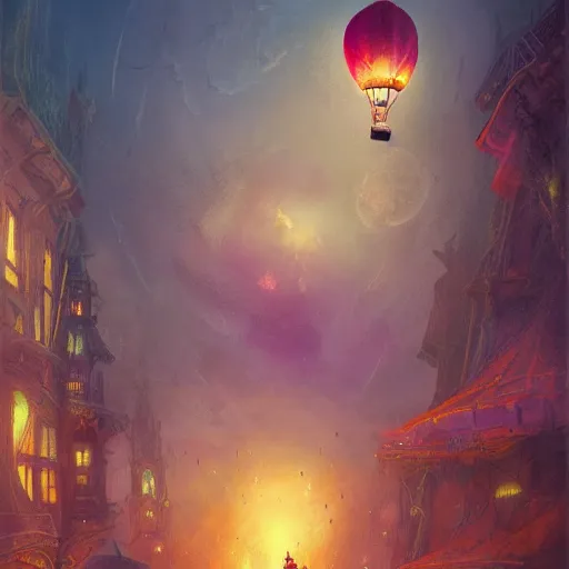 Image similar to a beautiful stunning fantasy whimsical matte digital illustration of a hot - air balloon powered by magic over a lit city at night by marc simonetti, pastel color palette, disney magic the gathering steampunk, chiaroscuro magical bokeh moon stars dramatic romantic, trending on artstation hq, masterpiece