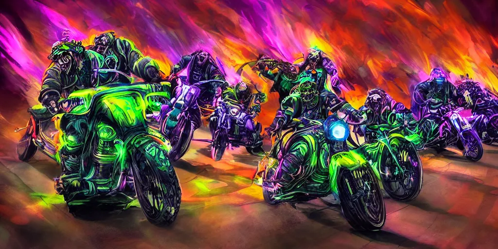 Image similar to psychedelic blacklight airbrush artwork, motorcycles, hyper stylized action shot of orc bikers racing on motorcycles, menacing orcs, drifting, skidding, wheelie, clear focused details, soft airbrushed artwork, black background, cgsociety, artstation