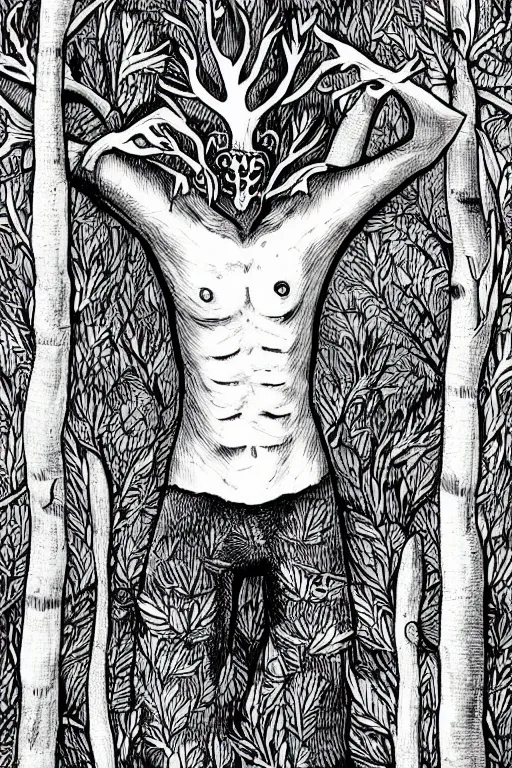 Image similar to black and white illustration, creative design, body horror, forest mushroom man