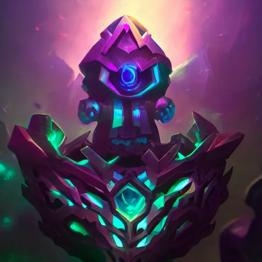 Prompt: Hextech, League of legends, gemstone, style of arcane, mechanical, Badge, glow in the dark, ethereal, the void, ominous background, very detailed, stylized, trending on artstation
