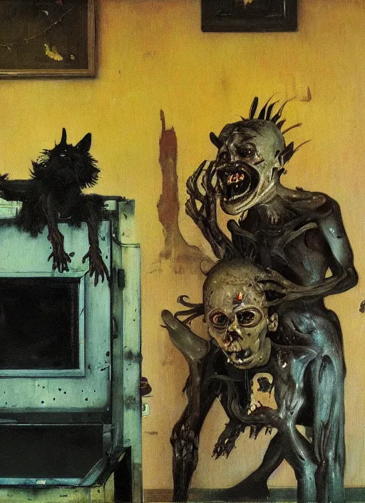 Image similar to two dark figures laughing and a black dog inside a decayed contemporary living room with large oxygen tank in the style of Francis Bacon and Zdzislaw Beksinski, Edward Hopper and Norman Rockwell, highly detailed, very coherent, triadic color scheme