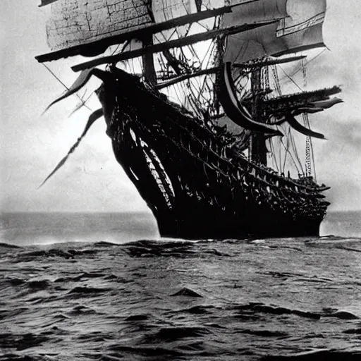 Image similar to an impossibly huge pirate ship, being attacked by a kraken, giant tentacles. 1930s photograph