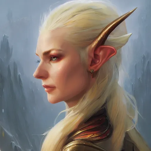 Prompt: A head-on detailed oil fantasy portrait of a pretty elf woman with small forehead horns, long blonde hair and bright irises, by greg rutkowski, trending on artstation, dungeon and dragons art
