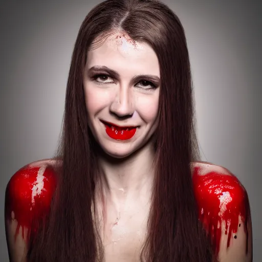 Image similar to professional headshot of an elegant female vampire smiling with droplets of blood splattered across her face. high resolution, realistic, professional lighting, nikon camera, 8 k, imdb. com