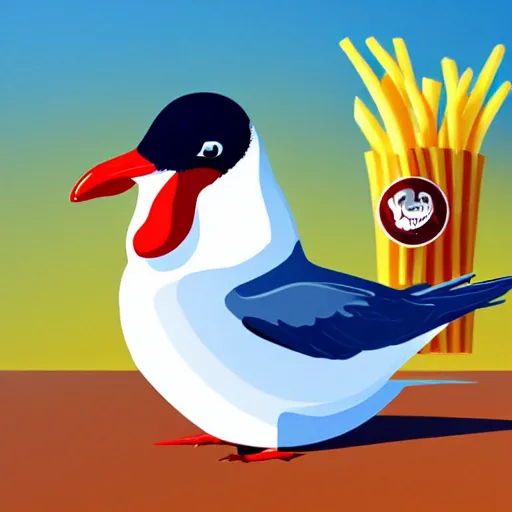 Prompt: A flying arctic tern holding french fries, illustration, storybook, Artstation