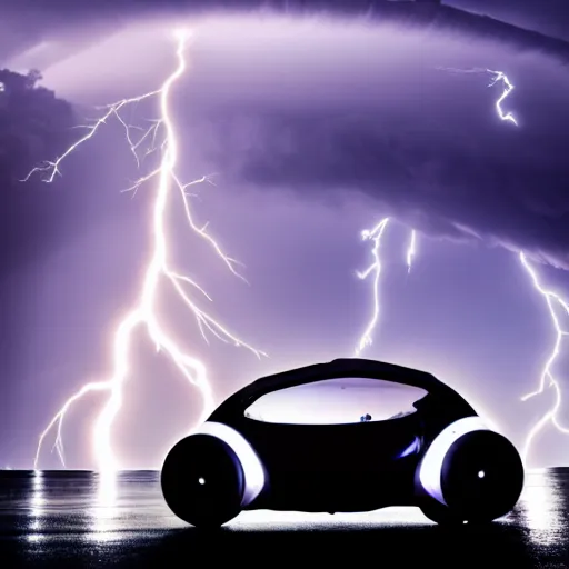 Image similar to futuristic flying car emerging from a circle of lightning in the sky, thunderstorm at night, 28mm dramatic photo