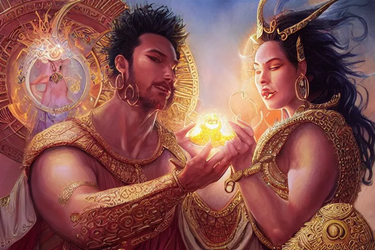 Image similar to close up moment of a divine a sun god and a moon goddess lovers magician at a wedding banquet, highly detailed, d & d, fantasy, highly detailed, digital painting, trending on artstation, concept art, sharp focus, illustration, art by artgerm and greg rutkowski and magali villeneuve