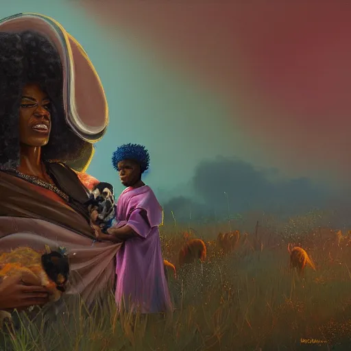 Prompt: An afrofuturistic painting of Donda West holding a baby lamb, side profile, intricate details, afrofuturism, 8K concept art, spiritual, Simon Stalenhag, digital art
