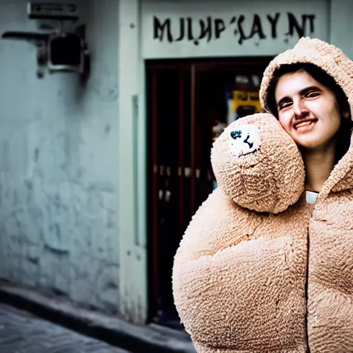 Image similar to portrait of a womans face, age 2 0 in a fluffy sheep costume, outside theatre, street photography by steve mccurry, 5 0 mm f / 1. 4