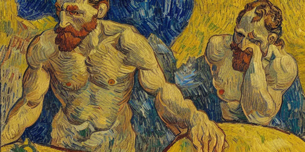 Image similar to a greek god sitting at his desk on the surface of the moon, national geographic, detailed, oil painting, vincent van gogh, gaugin, modigliani