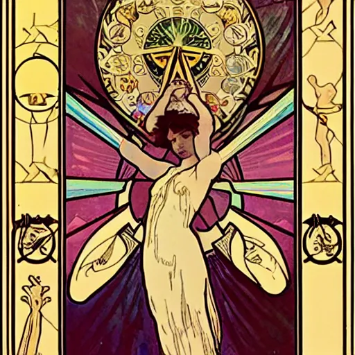 Image similar to Tarot card about solar system, Alphonse Mucha