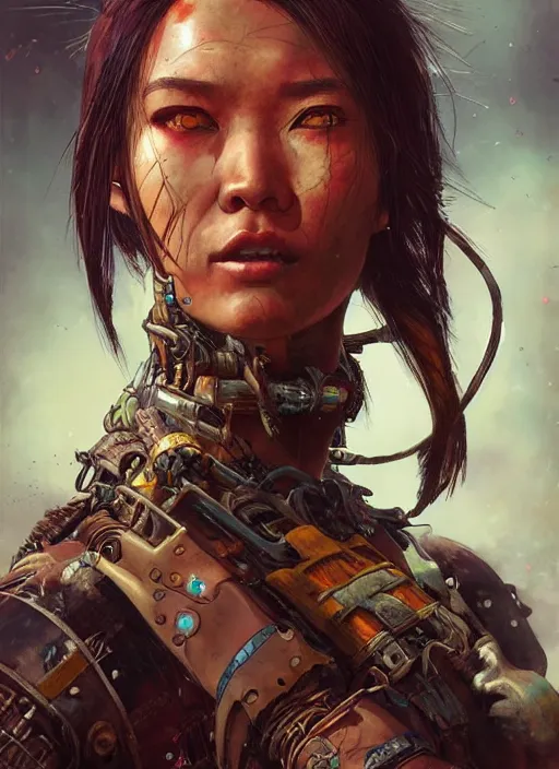 Prompt: hyper realistic photography portrait of postapocalyptic cyberpunk asian cyborg tribal warrior amazon cinematic, brom, mucha, moebius juan gimenez artstation, cgsociety