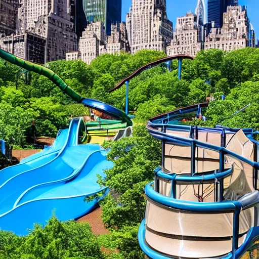 Image similar to highly detailed photo of a large water park with numerous slides and water rides inside of central park. the new york city skyline is shown in the background.