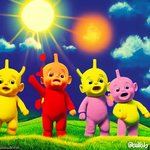 Image similar to the teletubbies making a sacrifice to please the baby sun god, digital art, high quality, high resolution