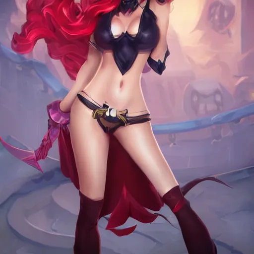 Image similar to miss fortune league of legends, horrifying, angry, evil, realistic, full body portrait