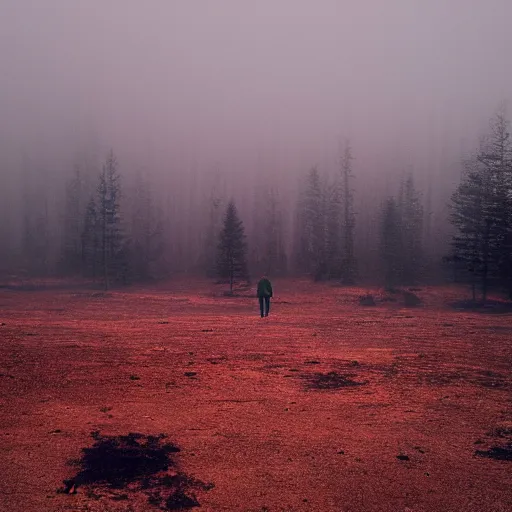 Prompt: a lonely man standing on a deserted planet, forestry, dreary, head down, smokey, mist, blur, red lighting, photograph, 24mm,