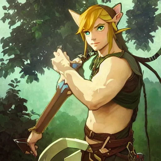 Prompt: Stunning portrait of Link from the Legend of the Zelda with cat ears. Art by Greg Rutkowski and Alphonse Mucha