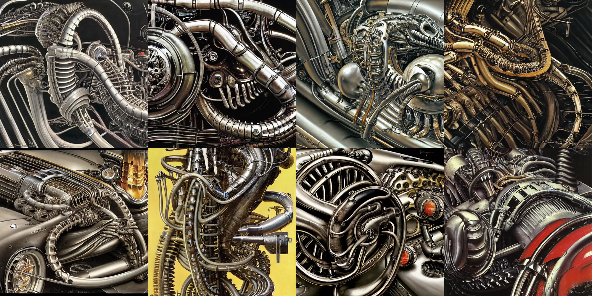 Prompt: closeup of shelby cobra, biomechanical, mechanical by norman rockwell h.r giger, norman rockwell, giger, highly detailed, soft lighting, 8k resolution, oil on canvas