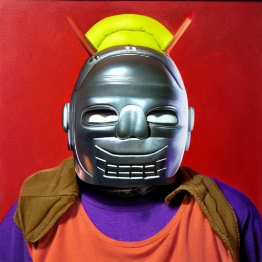 Image similar to beautiful lifelike painting of mf doom as the teletubbies, hyperreal detailed facial features and uv lighting, art by ed roth and basil wolverton