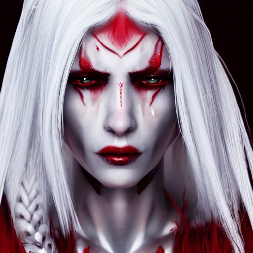 Image similar to a highly detailed portrait of a humanoid demon girl with white hair, red horns, in white clothes, artstation, deviantart, professional, unreal engine 5, photorealistic