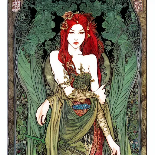 Image similar to a beautiful tarot card of poison ivy as a medieval chinese princess, dark eyeliner, intricate, elegant, highly detailed, digital painting, artstation, concept art, matte, sharp focus, illustration, art by rebecca guay and by arthur rackham and by alphonse mucha and by john william waterhouse