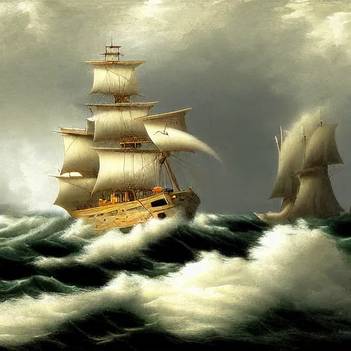 Prompt: pirate sloop, heavy winds, huge waves, storm, lightning, harsh lighting, by george philip reinagle