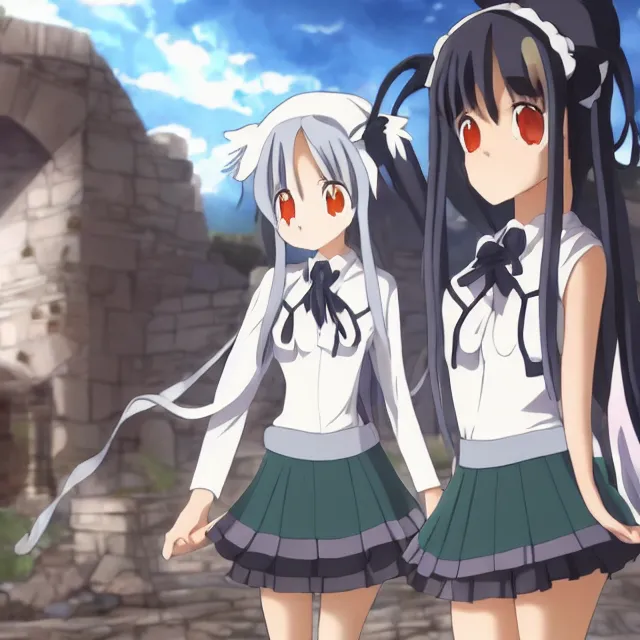 Image similar to high quality anime-style image of Hestia from Is It Wrong to Try to Pick Up Girls in a Dungeon wearing a plaid schoolgirl skirt and pigtails hair, standing outside a forbidden stone temple, 4k, digital art, wallpaper