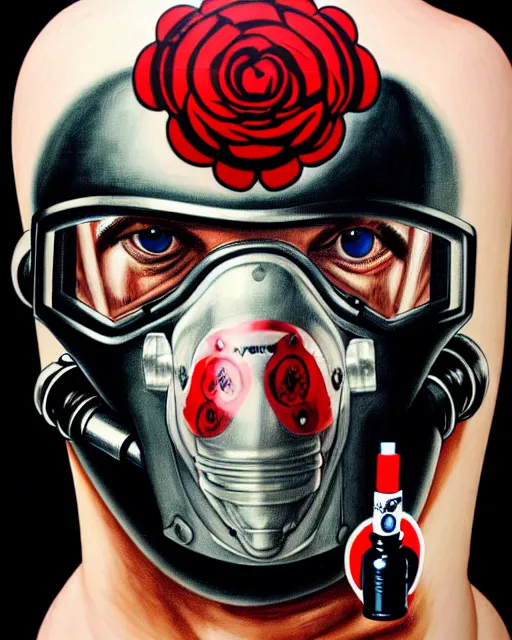 Image similar to portrait of an armoured diver man wearing oxygen mask, has blood, rose, a pistol and a syringe needle with sea background intricate details with horror side profile by Sandra Chevrier