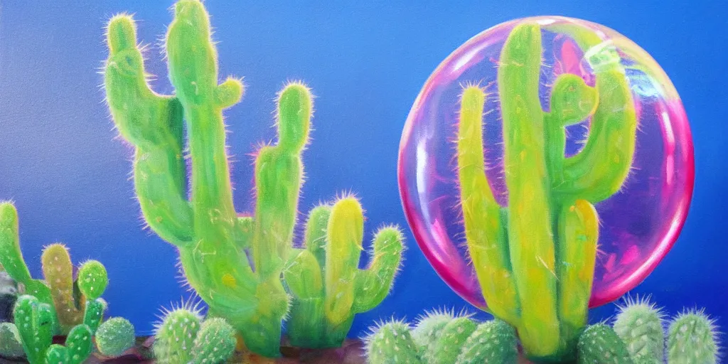 Prompt: soap bubble with a cactus inside it, oil painting