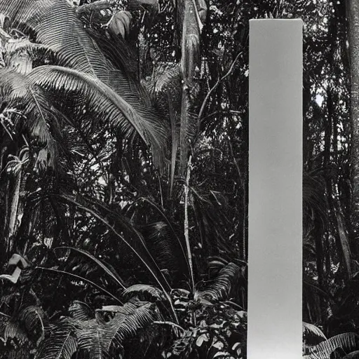 Prompt: lost film footage of a sacred modernist totem in the middle of the tropical jungle / film still / cinematic / enhanced / 1 9 2 0 s / black and white / grain