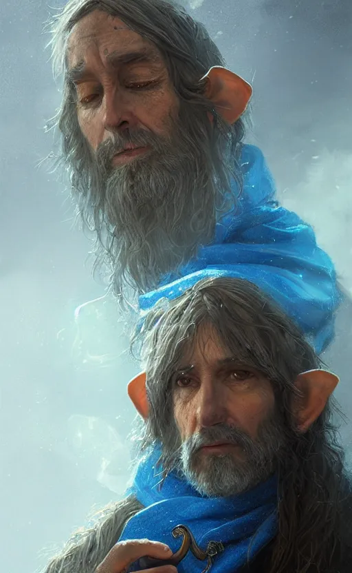 Image similar to portrait of a middle aged elf with a long beard, dressed in a blue cloak with clock iconography, brown hair, raised hand, detailed face, fantasy, highly detailed, cinematic lighting, digital art painting by greg rutkowski