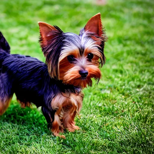 Image similar to a young yorkie dog, playing in the back yard after it rained on a cloudy day, and a kid running around with them, realistic photo