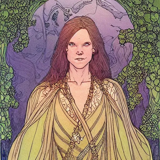 Image similar to a beautiful portrait of sanna!!!!! marin!!!!!, the young female prime minister of finland as a druidic wizard by rebecca guay, michael kaluta, charles vess and jean moebius giraud