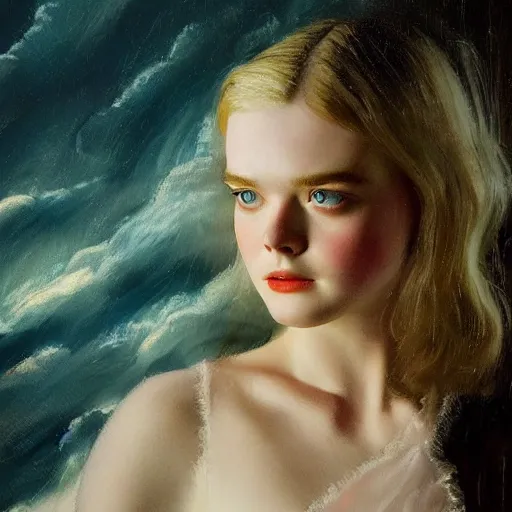 Prompt: Elle Fanning at night, stormy weather, extremely detailed masterpiece, oil on canvas, Roger Deakin’s cinematography, by Norman Rockwell,