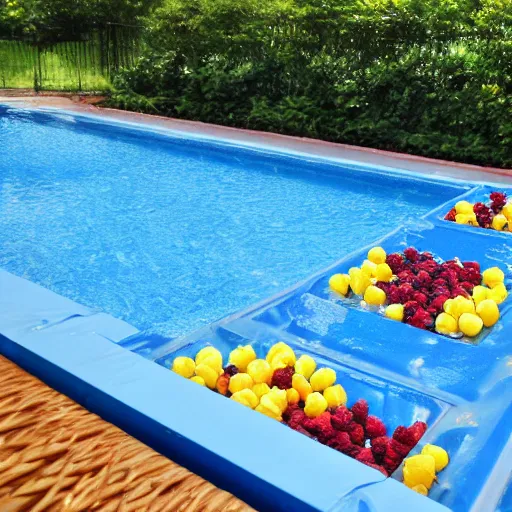 Prompt: a swimming pool filled with blue and gold raspberries