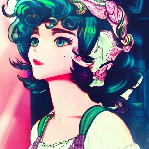 Prompt: beautiful little girl, profile picture, vintage fashion, highly detailed, reflection, 8 k, realistic artwork, hd, inspired by jojo bizarre adventure, 9 0 s anime art style, elegant, lofi