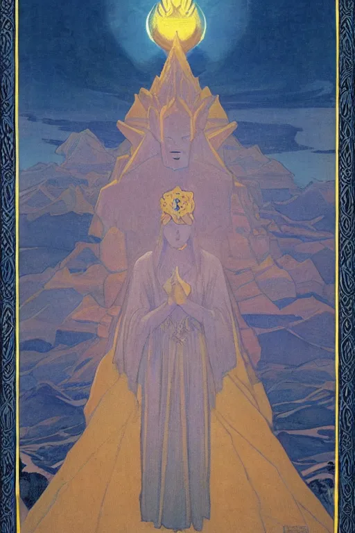 Prompt: queen of the dawn mountains, by Nicholas Roerich and jean delville , dramatic cinematic lighting , ornate headdress , lost civilizations