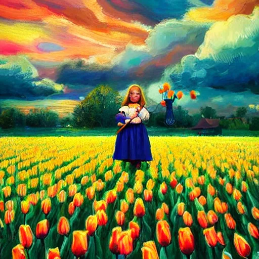 Image similar to dutch girl with singular giant tulip as a head, surreal photography, flower field, sunset dramatic light, impressionist painting, colorful clouds, blue sky, digital painting, artstation, simon stalenhag