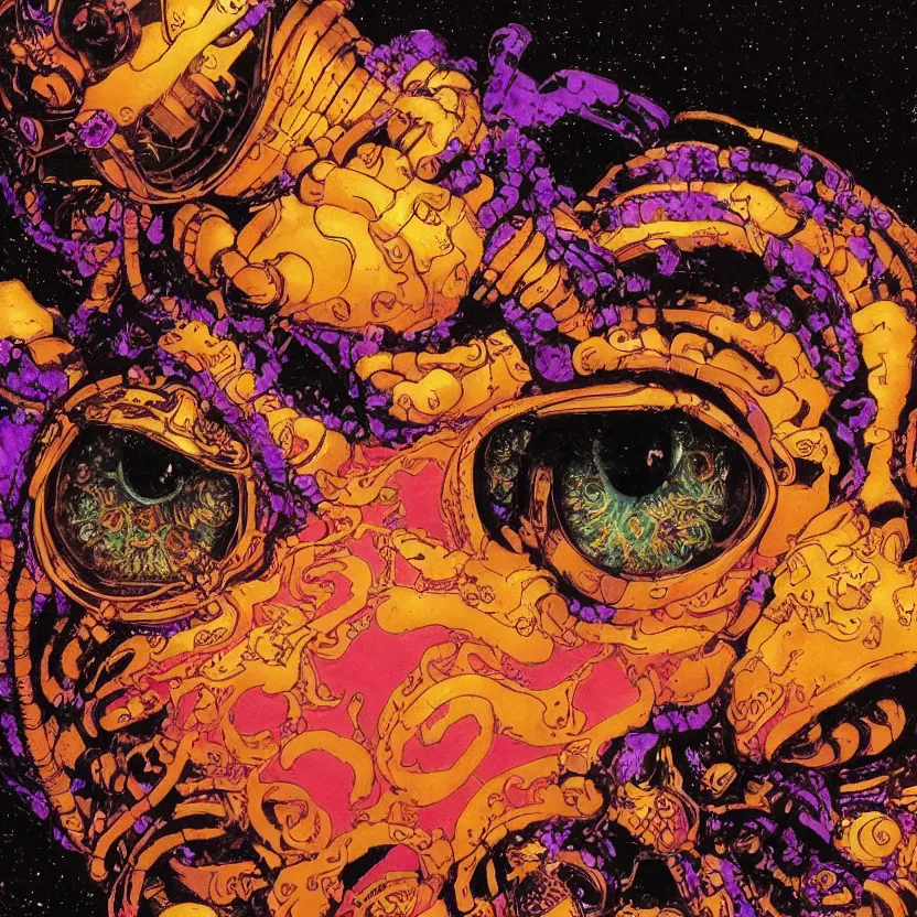Prompt: a baroque neoclassicist renaissance close - up portrait of a orange and purple iridescent whimsical 1 8 0 0 s japanese mecha gundam tiger with big glowing eyes. reflective detailed textures. puffy clouds, dark black background. highly detailed fantasy science fic tion painting by moebius, norman rockwell, frank frazetta, and syd mead. rich colors, high contrast. artstation