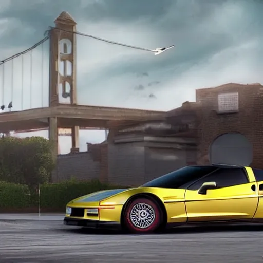Image similar to a corvette c 8 that looks like a delorean time machine from back to the future, outside, on road, highly detailed, epic lighting, hyper photorealism, 8 k