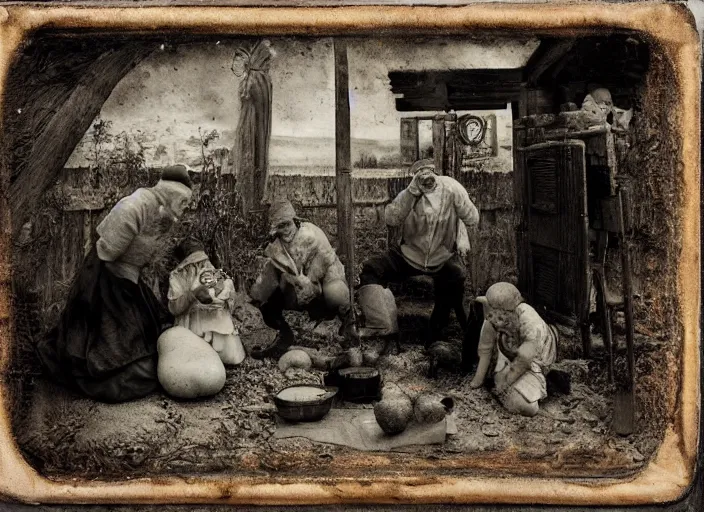 Image similar to old wetplate daguerreotype potato eaters by van gogh, fractal, intricate, elegant, highly detailed, parallax, leica, medium format, subsurface scattering, by jheronimus bosch and greg rutkowski and louis jacques mande daguerre