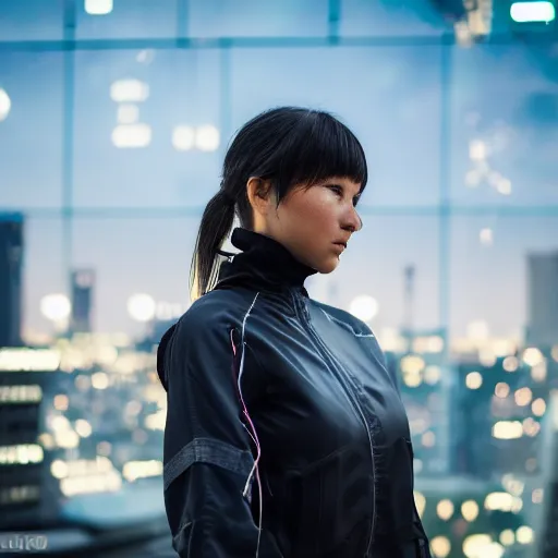 Image similar to photographic portrait of a techwear woman, closeup, on the rooftop of a futuristic city, sigma 85mm f/1.4, 4k, depth of field, high resolution, 4k, 8k, hd, full color