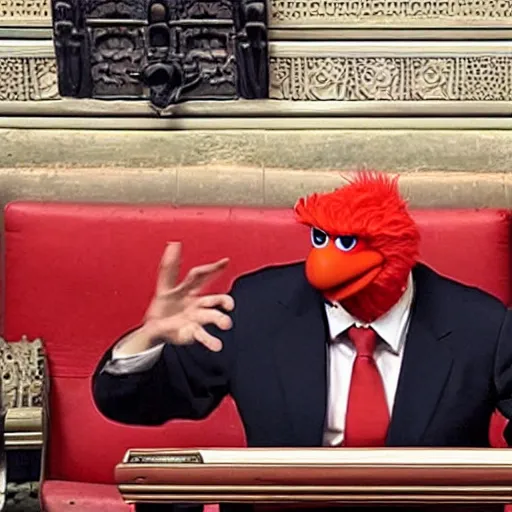 Image similar to Elmo speaking in british parliament while everything is burning around him